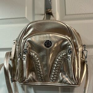 Angel Kiss Mini Backpack Purse for Women Anti-theft Soft Gold Lame Leather